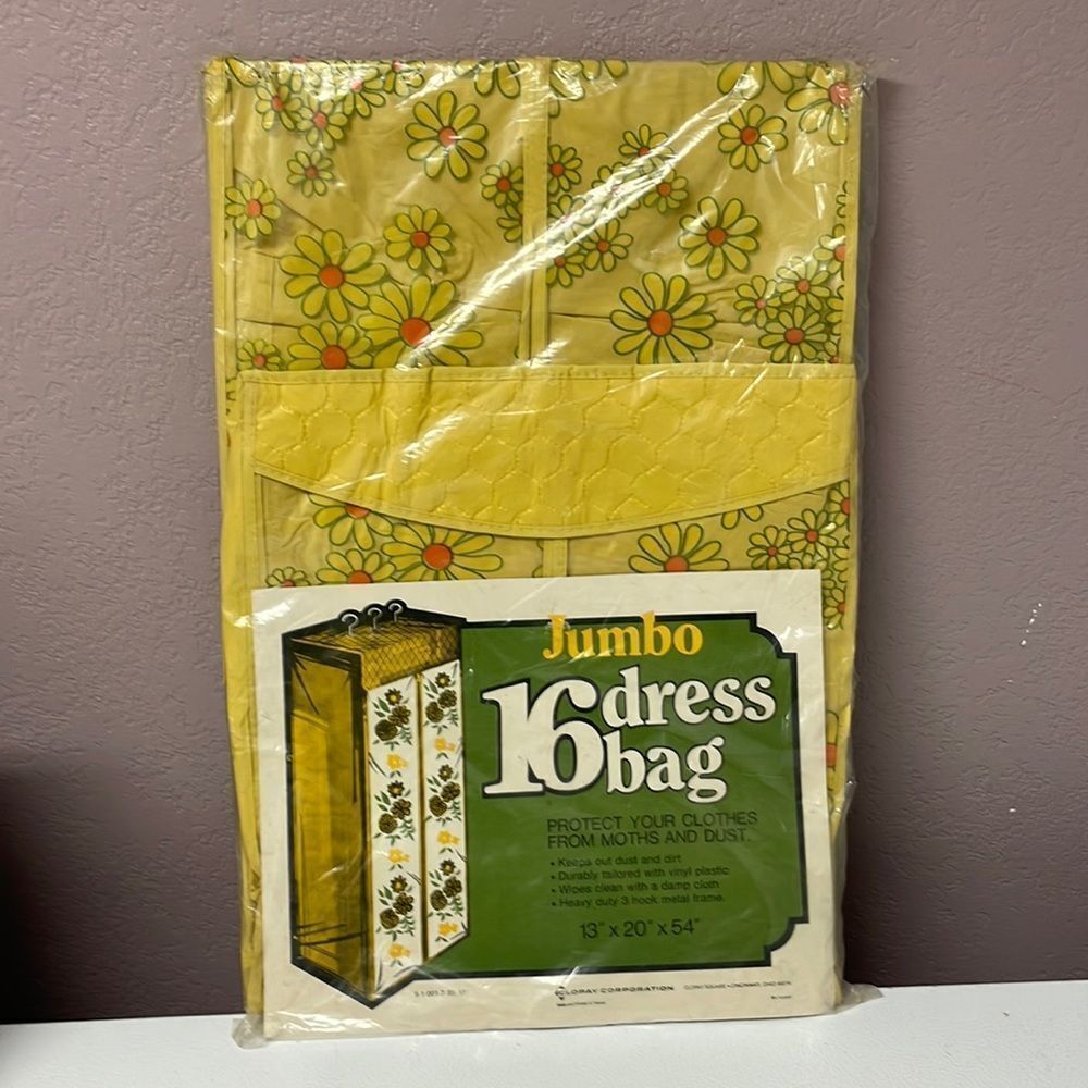 Mod Vintage JUMBO 16 DRESS STORAGE Bag Closet Organizer yellow flowers NOS